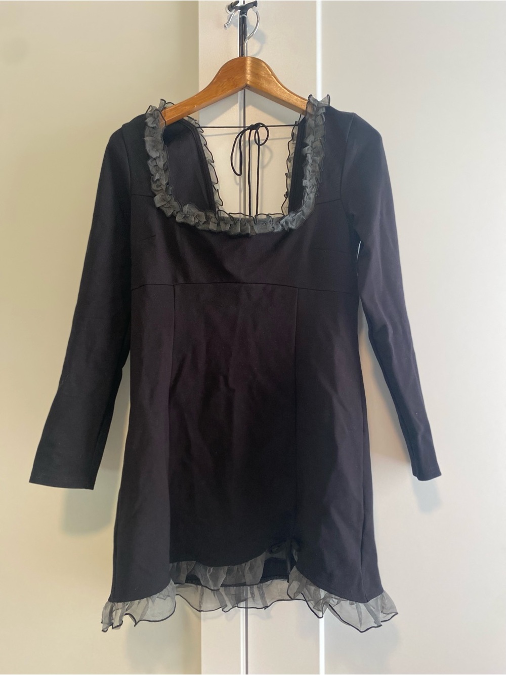 Free People Whimsigoth Black Mini Ruffle-Trim Long Sleeve Dress